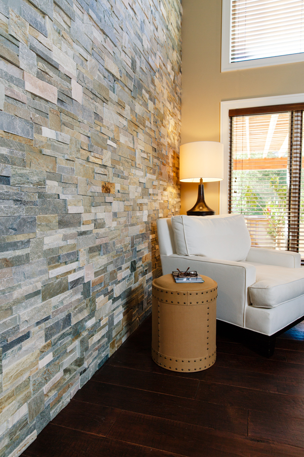 Wall Tile: Golden Sun Stacked Stone wall; Hardwood: Mendocino Hickory; Gryboski Builders, H.J. Martin and Son