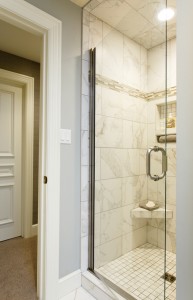 Custom shower door with nickel hardware, H.J. Martin and Son
