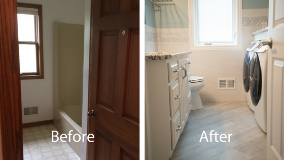 before and after of the bathroom and laundry room