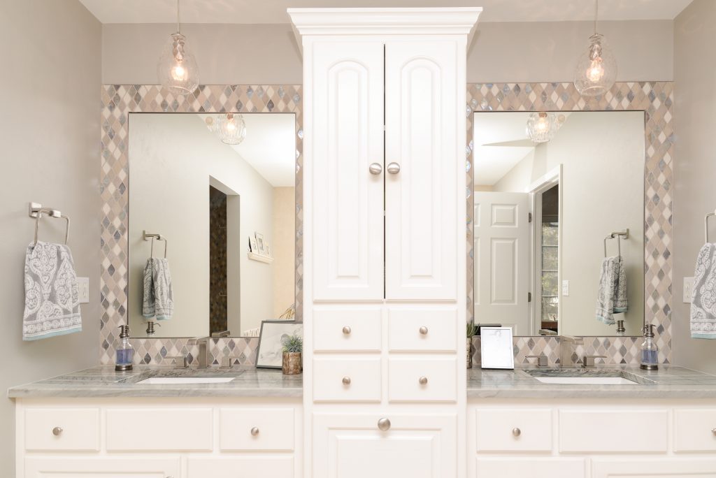 Tiled bathroom mirror, vanity splash, H.J. Martin and Son