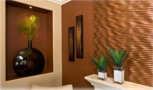 copper tile accent wall and rich brown earth tones