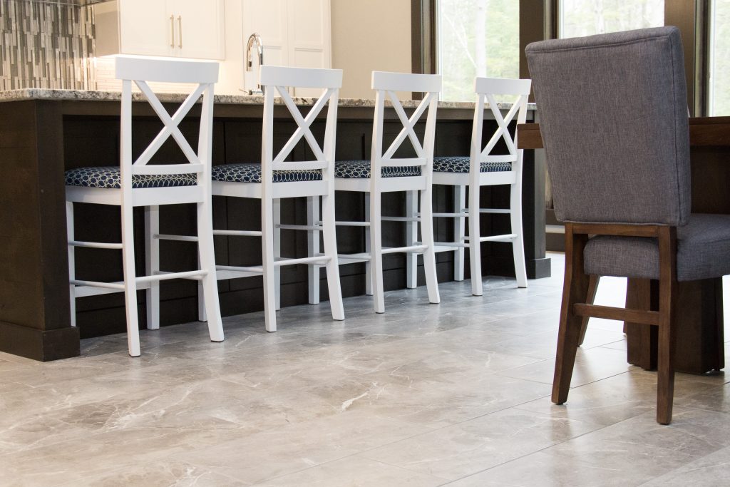 Gray tile kitchen floor, gray tile backsplash, glass tile, accent tile, H.J. Martin and Son