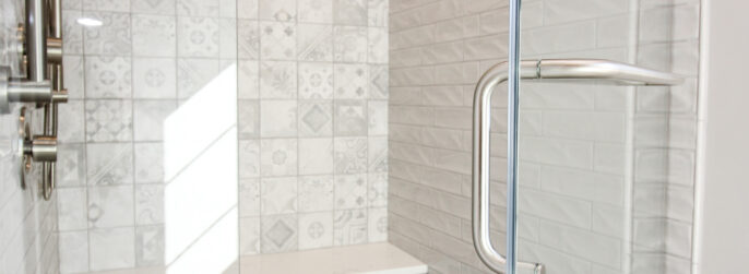 Master Bath Shower with Grey Pattern Tiled Walls