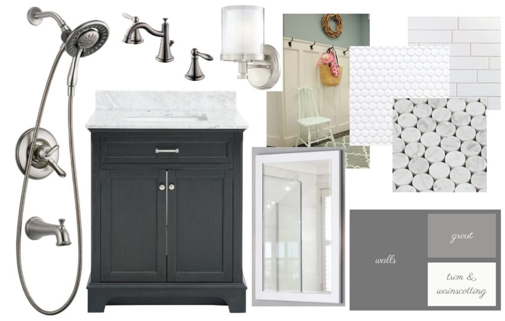 White, gray based mood board with light and shower fixtures.